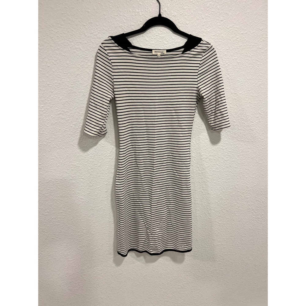 Monteau Los Angeles Black White Striped Boat Neck Elbow Sleeve Sheath Dress S